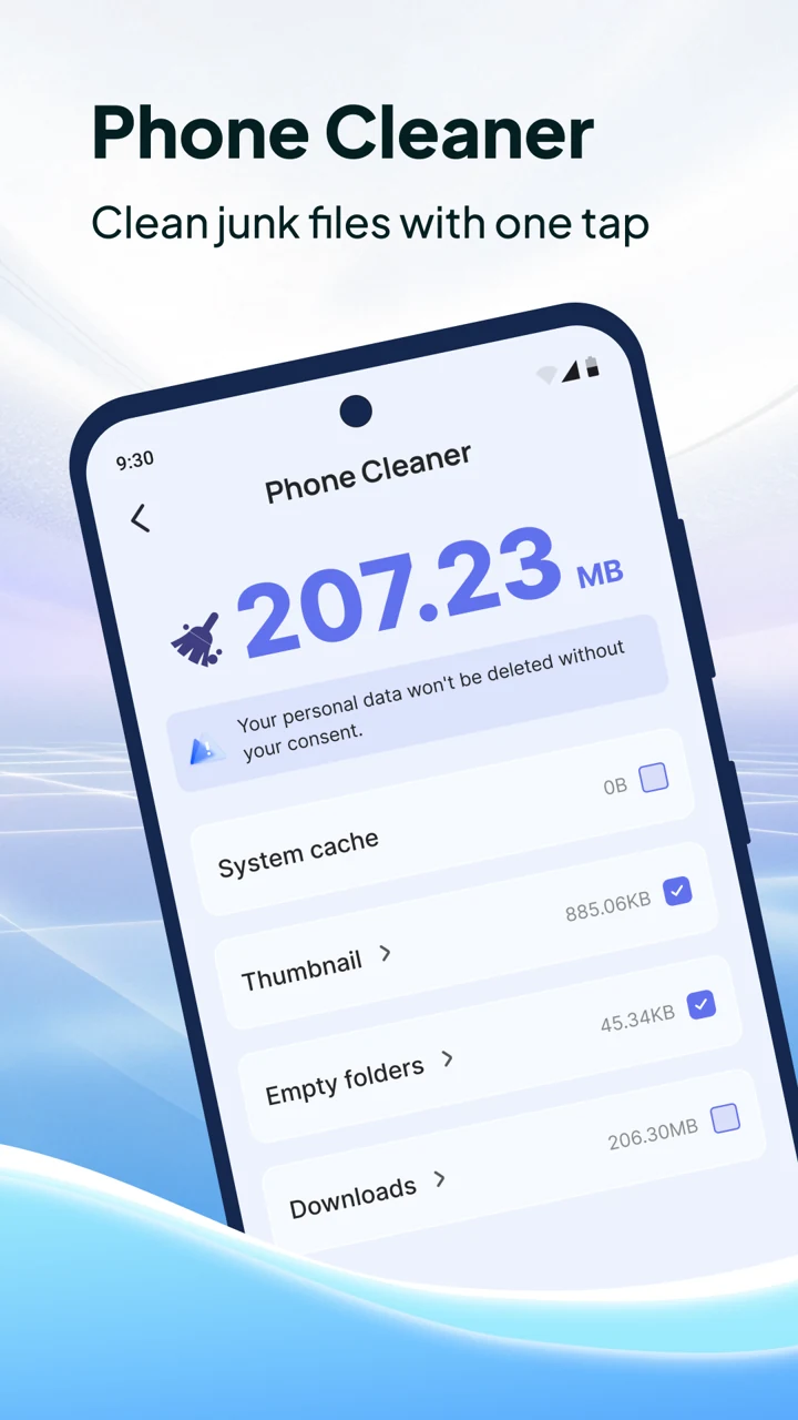 SwiftPhoneCleaner Phone Cleaner scan results with individually selectable file categories