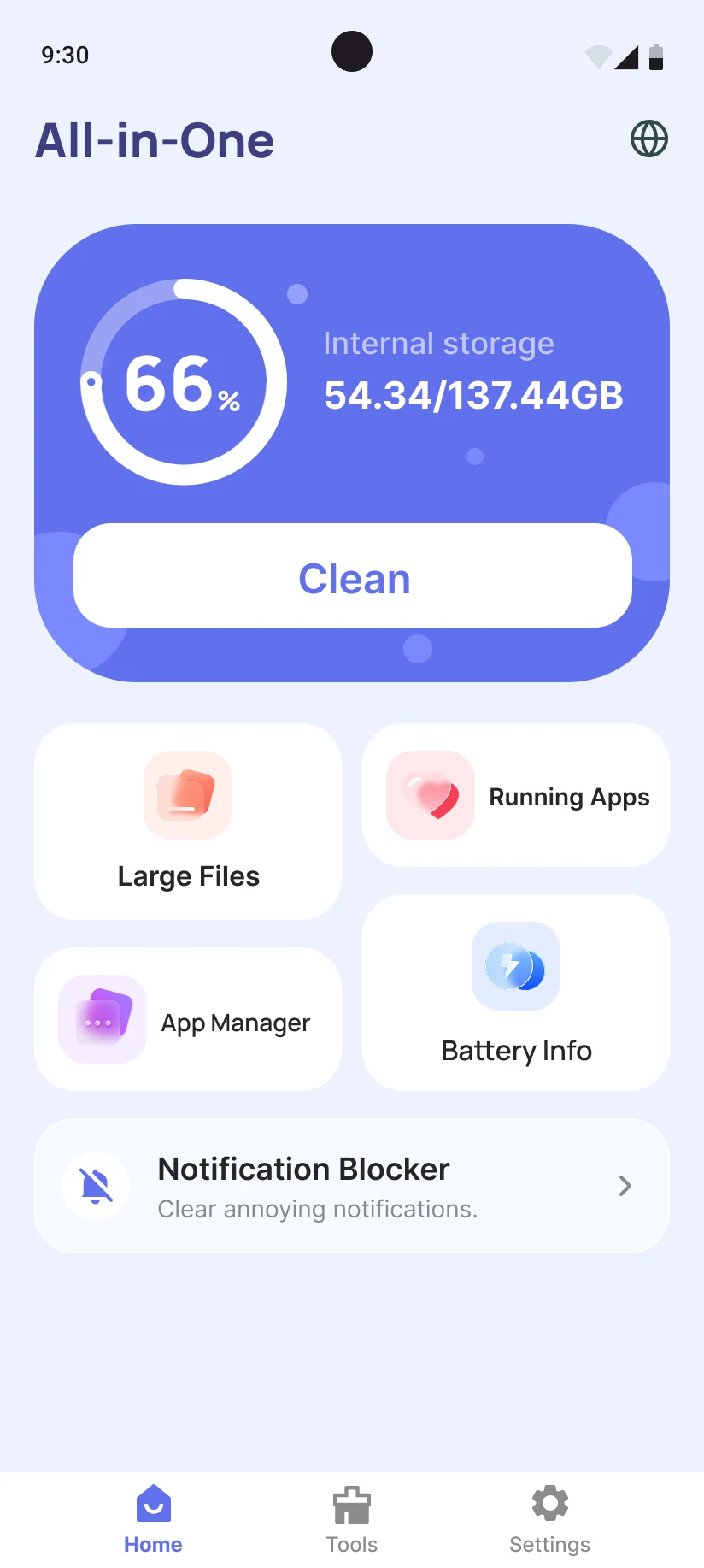SwiftPhoneCleaner home screen with storage overview and everyday cleaning tools